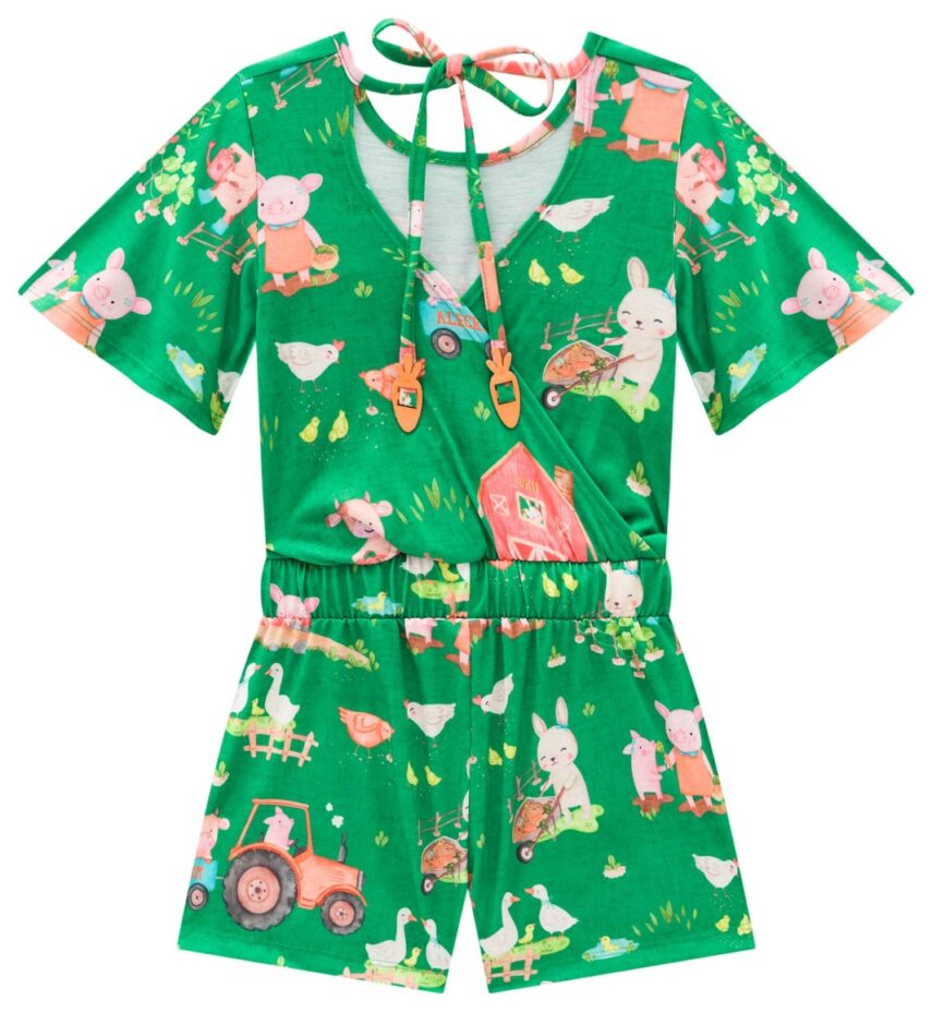 fernandaramoskids com br Macaquinho Infantil Feminino Estampa de Bichinhos Verde 3