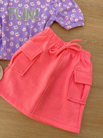 fernandaramoskids com br Saia Infantil Feminino Curta Moletinho com Bolsos Pink Flúor 1