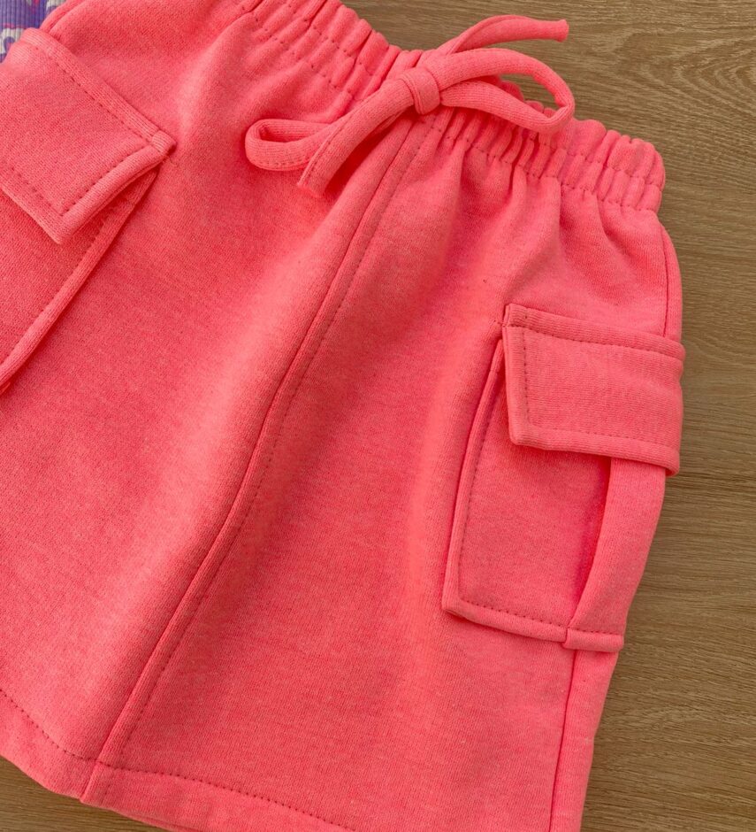 fernandaramoskids com br Saia Infantil Feminino Curta Moletinho com Bolsos Pink Flúor 2