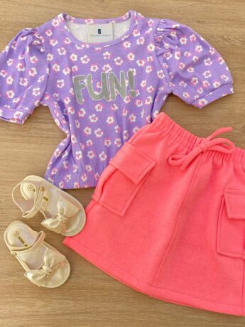Saia Infantil Feminino Curta Moletinho com Bolsos Pink Flúor Fernanda Ramos Kids