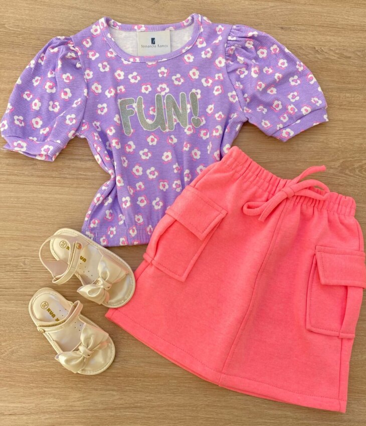 Saia Infantil Feminino Curta Moletinho com Bolsos Pink Flúor Fernanda Ramos Kids
