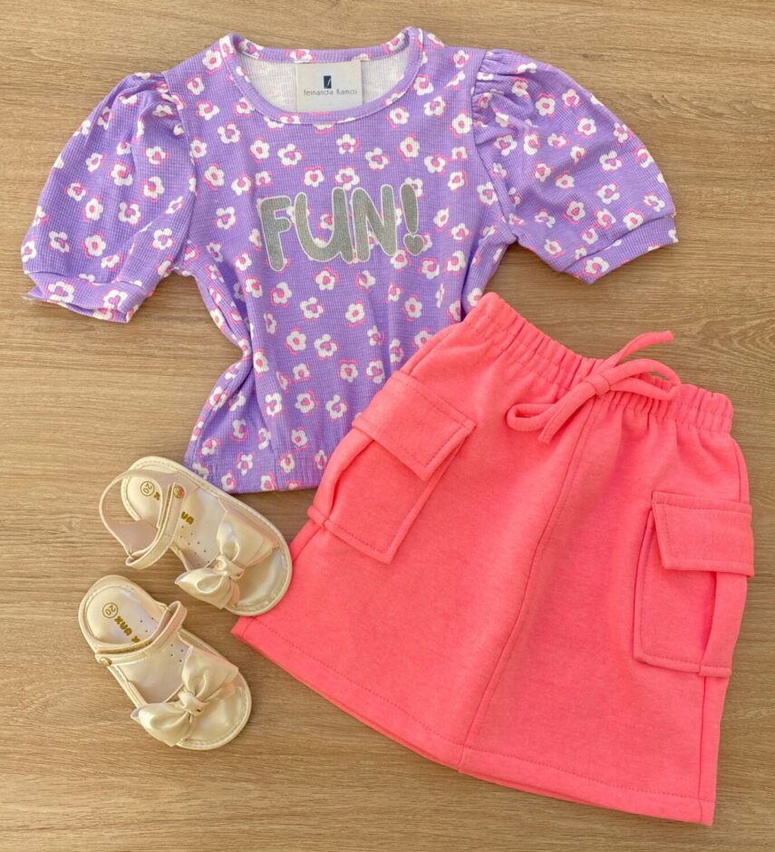 Saia Infantil Feminino Curta Moletinho com Bolsos Pink Flúor Fernanda Ramos Kids