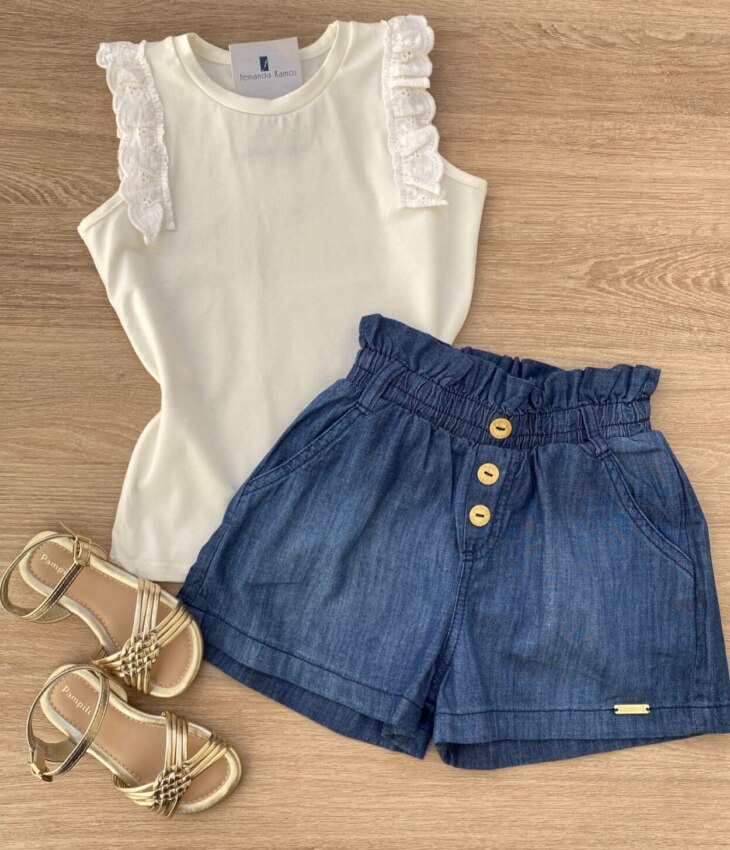 Short Infantil Feminino com Bolsos Frontal Azul Fernanda Ramos Kids