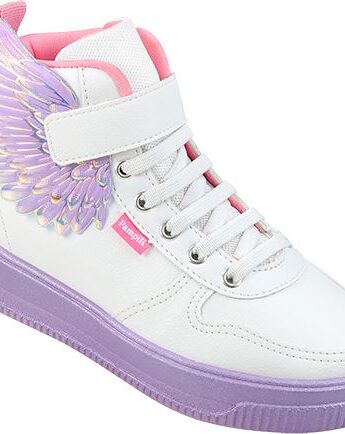 fernandaramoskids com br Tênis Infantil Feminino Cano Médio Detalhe de Asas Branco e Lilás