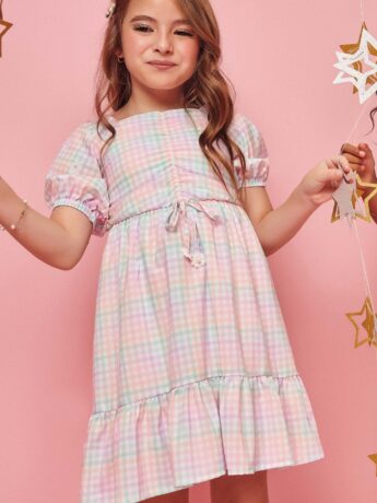 Vestido Flor Infantil Feminino Curto Xadrez Fernanda ramos kids