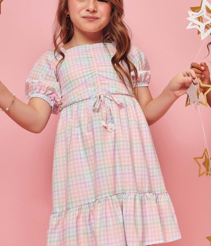 Vestido Flor Infantil Feminino Curto Xadrez Fernanda ramos kids
