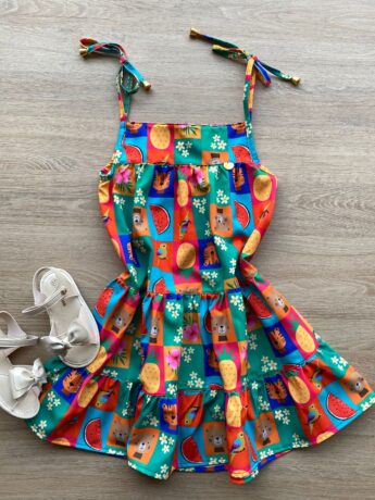 Vestido Infantil Feminino Alças com Amarração Estampa Bichinhos Fernanda Ramos Kids