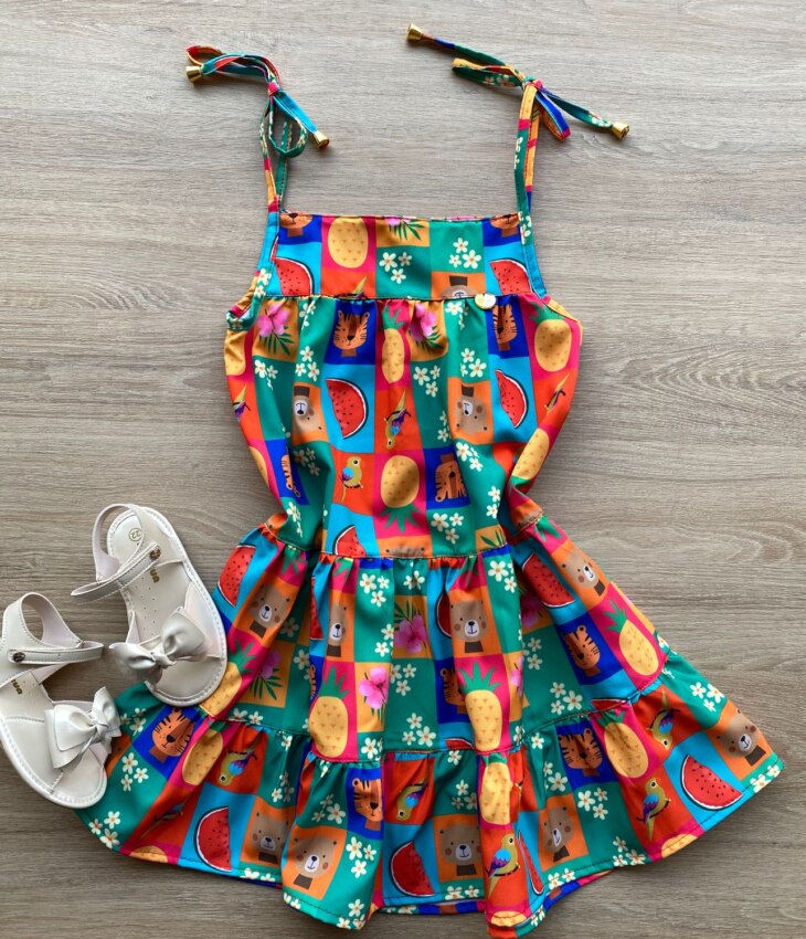 Vestido Infantil Feminino Alças com Amarração Estampa Bichinhos Fernanda Ramos Kids