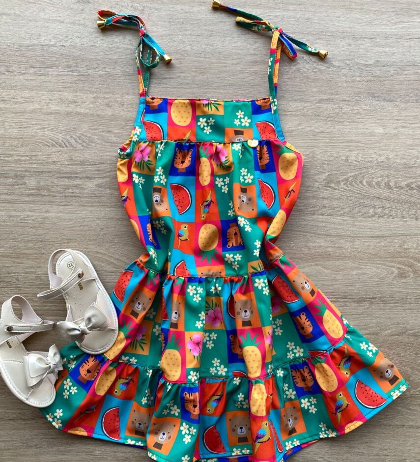 Vestido Infantil Feminino Alças com Amarração Estampa Bichinhos Fernanda Ramos Kids