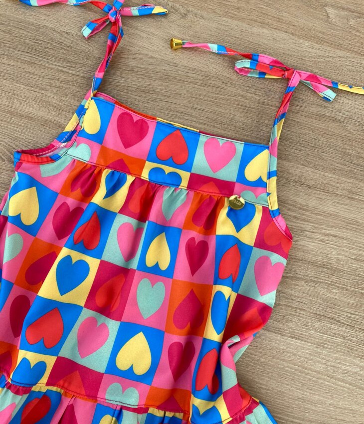 fernandaramoskids com br Vestido Infantil Feminino Alças com Amarração Estampa de Corações 1
