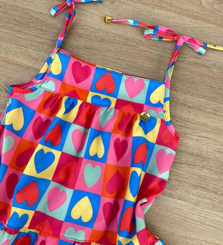 fernandaramoskids com br Vestido Infantil Feminino Alças com Amarração Estampa de Corações 1