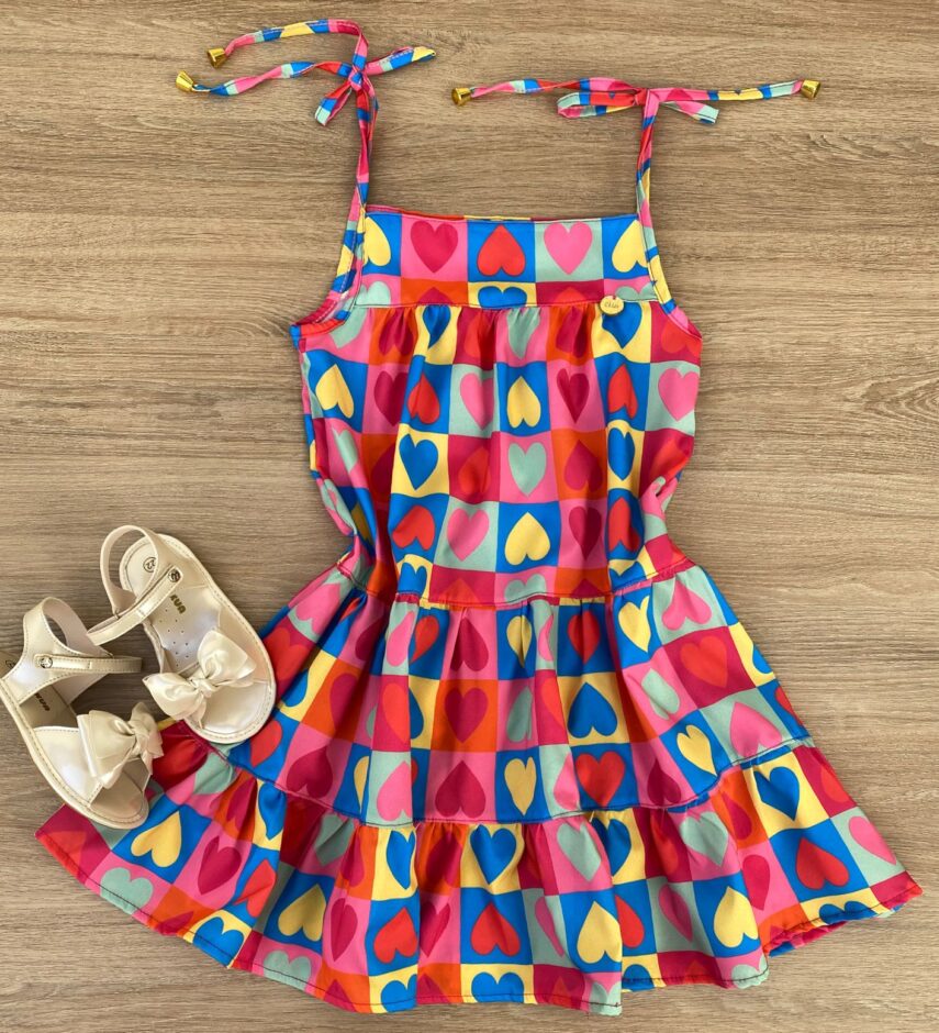 Vestido Infantil Feminino Alças com Amarração Estampa de Corações Fernanda Ramos Kids