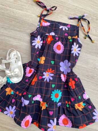 fernandaramoskids com br Vestido Infantil Feminino Alças com Amarração Estampa Floral Preto 1