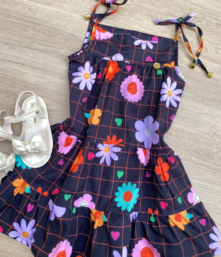fernandaramoskids com br Vestido Infantil Feminino Alças com Amarração Estampa Floral Preto 1
