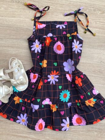 Vestido Infantil Feminino Alças com Amarração Estampa Floral Preto Fernanda Ramos Kids