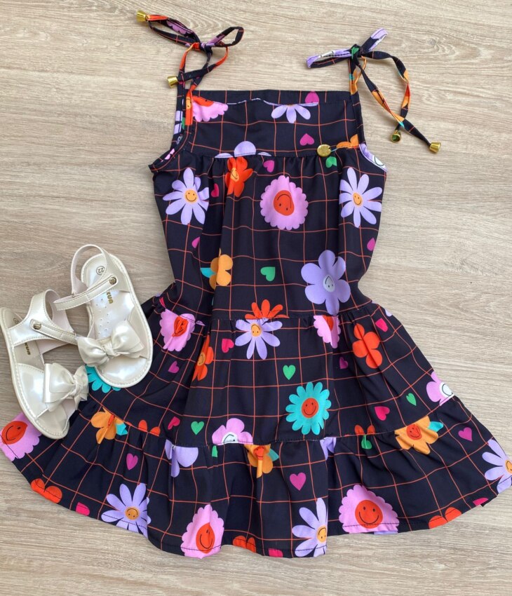 Vestido Infantil Feminino Alças com Amarração Estampa Floral Preto Fernanda Ramos Kids