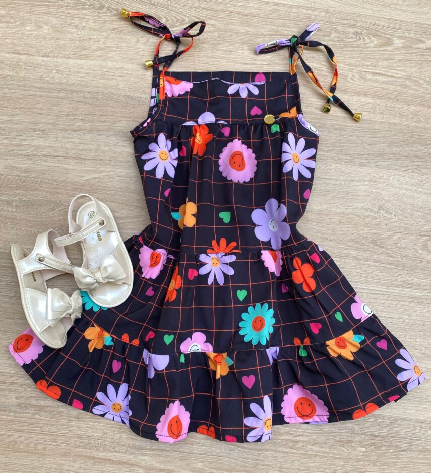 Vestido Infantil Feminino Alças com Amarração Estampa Floral Preto Fernanda Ramos Kids