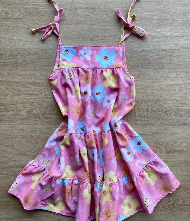 fernandaramoskids com br Vestido Infantil Feminino Alças com Amarração Estampa Floral Rosa 1