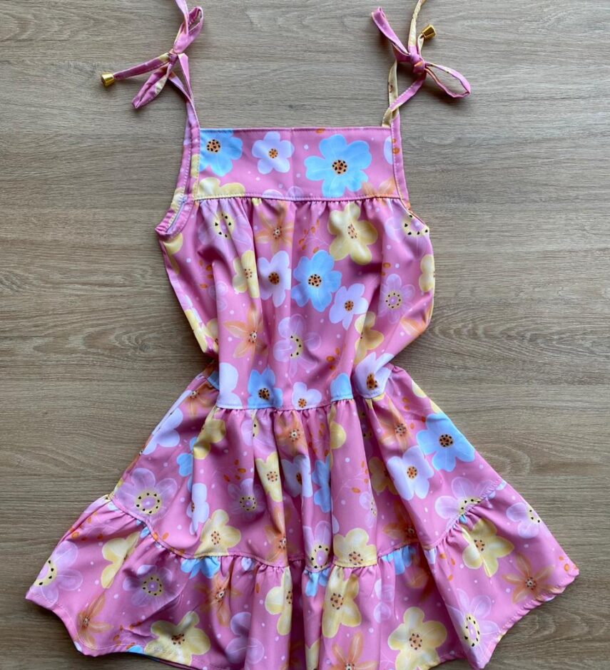 fernandaramoskids com br Vestido Infantil Feminino Alças com Amarração Estampa Floral Rosa 1