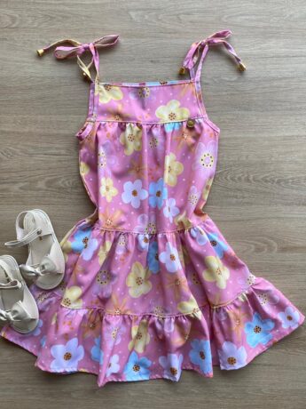 Vestido Infantil Feminino Alças com Amarração Estampa Floral Rosa Fernanda Ramos Kids