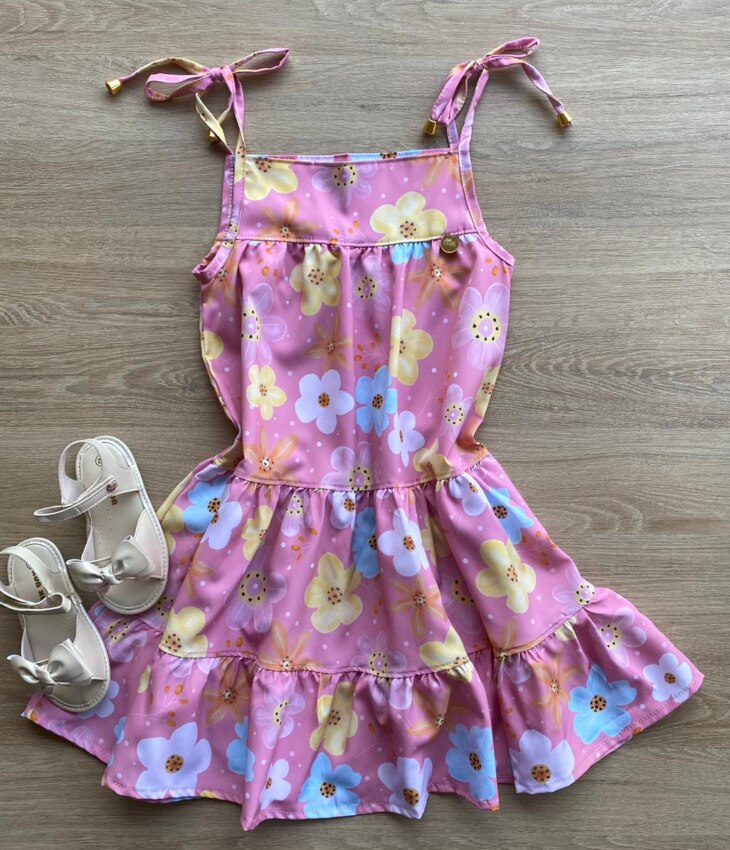 Vestido Infantil Feminino Alças com Amarração Estampa Floral Rosa Fernanda Ramos Kids