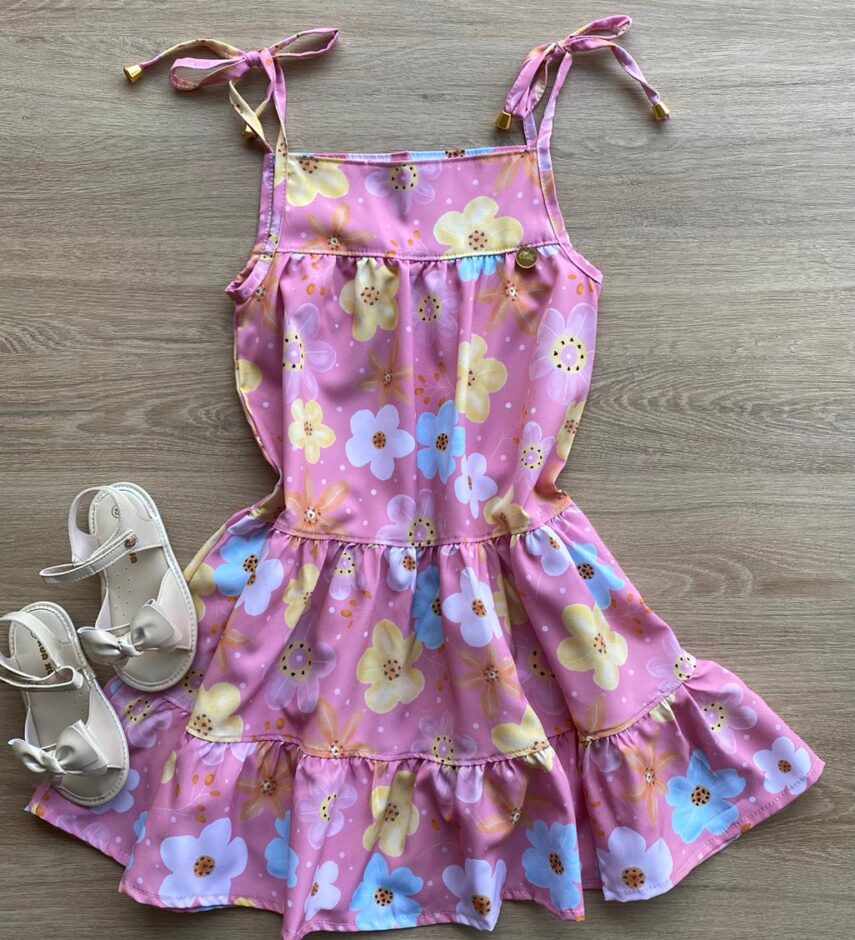 Vestido Infantil Feminino Alças com Amarração Estampa Floral Rosa Fernanda Ramos Kids