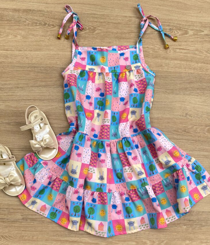 Vestido Infantil Feminino Alças com Amarração Estampado Fernanda Ramos Kids