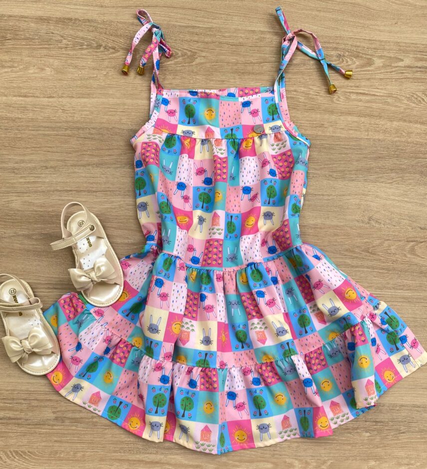 Vestido Infantil Feminino Alças com Amarração Estampado Fernanda Ramos Kids