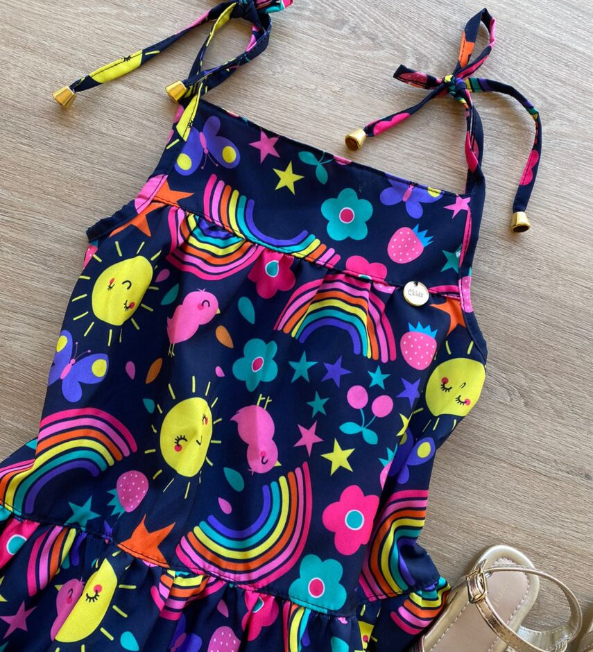 fernandaramoskids com br Vestido Infantil Feminino Alças com Amarração Estampado Azul Marinho 1