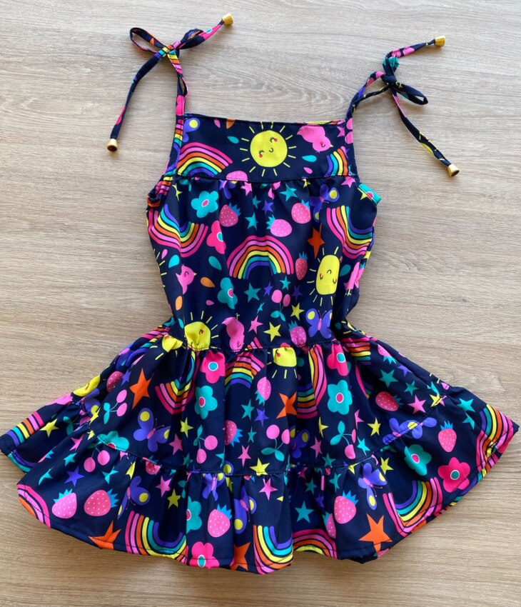 fernandaramoskids com br Vestido Infantil Feminino Alças com Amarração Estampado Azul Marinho 2