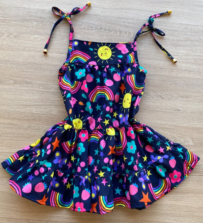 fernandaramoskids com br Vestido Infantil Feminino Alças com Amarração Estampado Azul Marinho 2