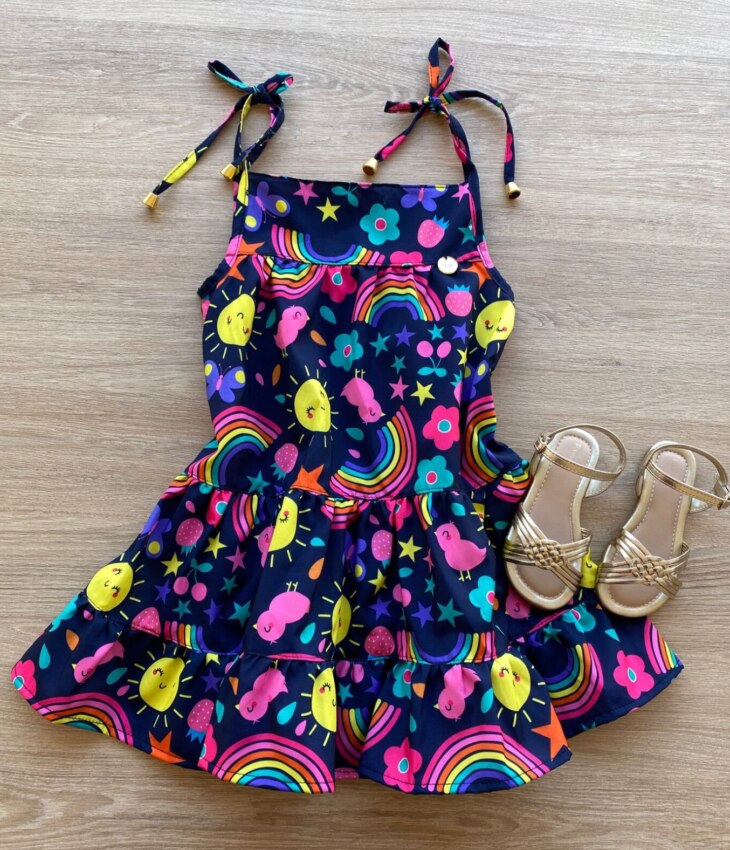 Vestido Infantil Feminino Alças com Amarração Estampado Azul Marinho Fernanda Ramos Kids