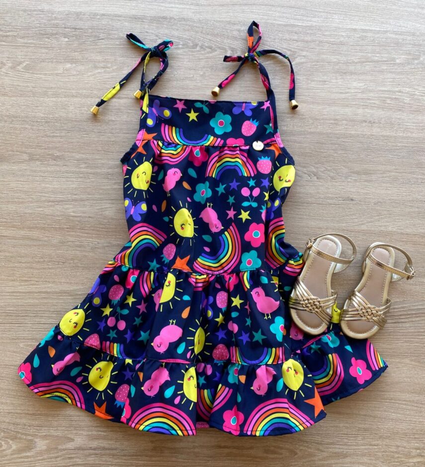 Vestido Infantil Feminino Alças com Amarração Estampado Azul Marinho Fernanda Ramos Kids