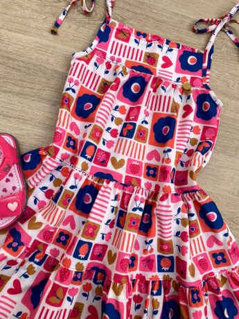 fernandaramoskids com br Vestido Infantil Feminino Alças com Amarração Estampado Pink 1