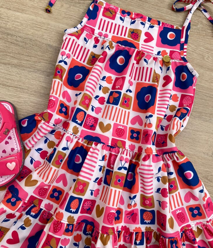 fernandaramoskids com br Vestido Infantil Feminino Alças com Amarração Estampado Pink 1