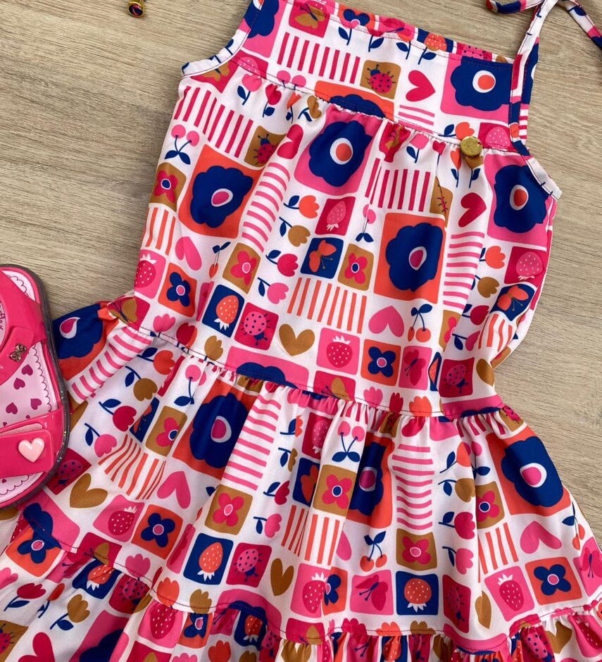 fernandaramoskids com br Vestido Infantil Feminino Alças com Amarração Estampado Pink 1