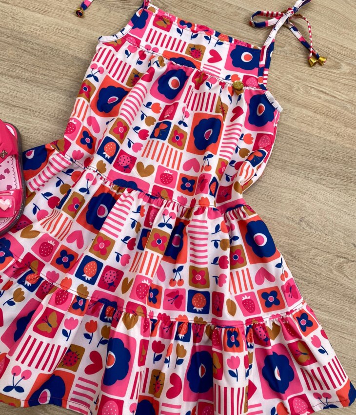 fernandaramoskids com br Vestido Infantil Feminino Alças com Amarração Estampado Pink 2