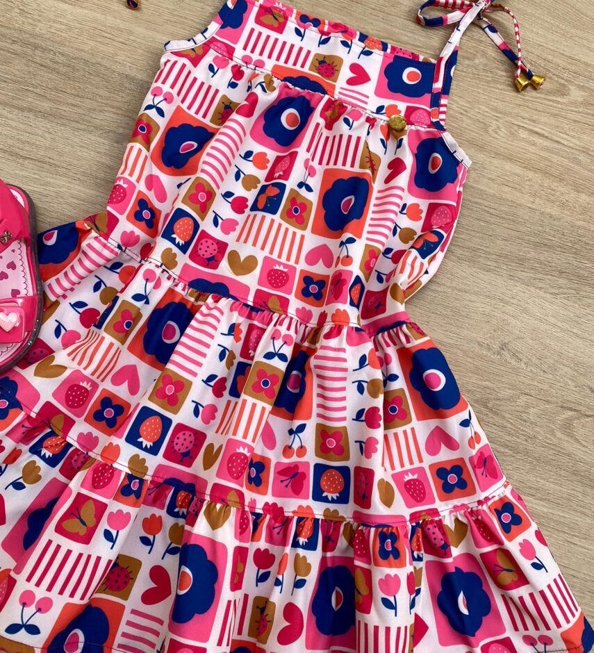 fernandaramoskids com br Vestido Infantil Feminino Alças com Amarração Estampado Pink 2