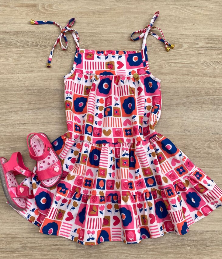 Vestido Infantil Feminino Alças com Amarração Estampado Pink Fernanda Ramos Kids