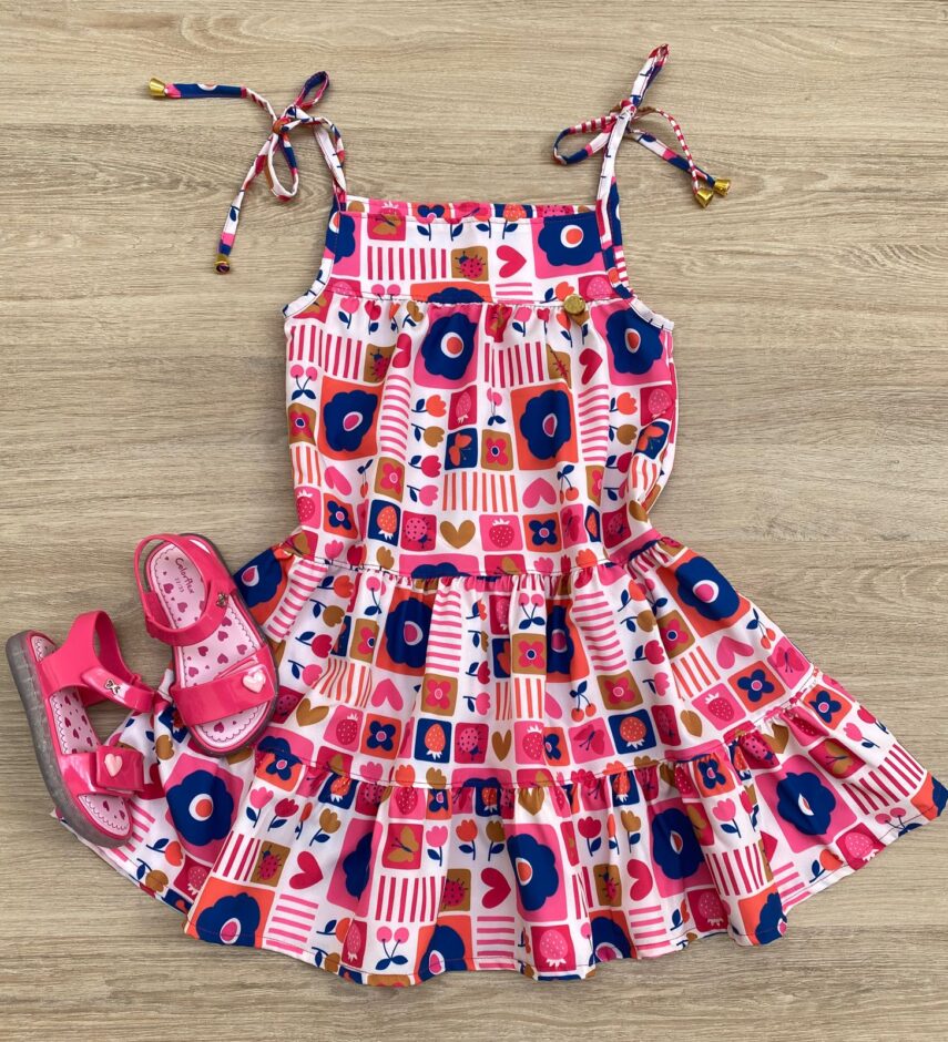 Vestido Infantil Feminino Alças com Amarração Estampado Pink Fernanda Ramos Kids