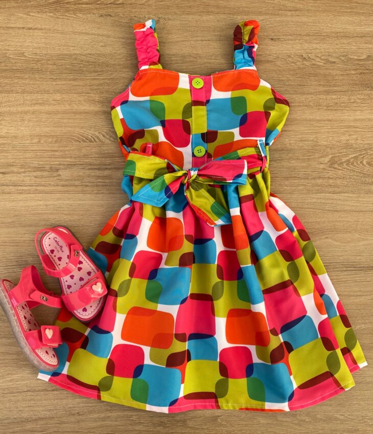 Vestido Infantil Feminino com Amarração e Botões Falsos Estampado Fernanda Ramos Kids