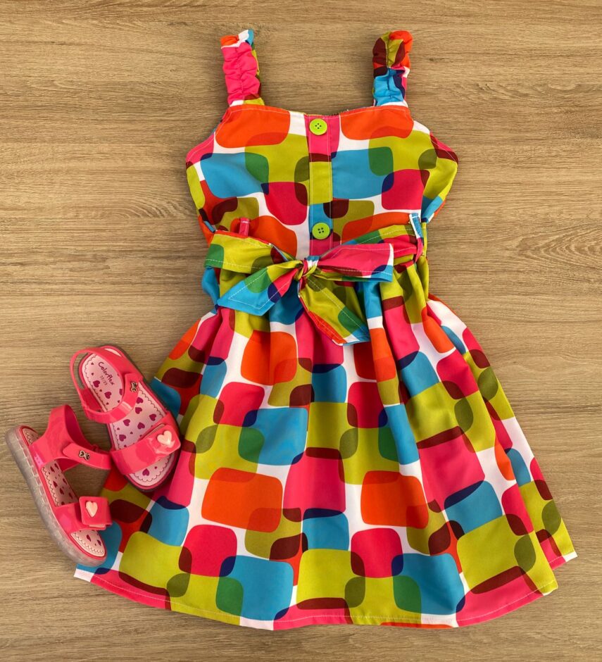 Vestido Infantil Feminino com Amarração e Botões Falsos Estampado Fernanda Ramos Kids