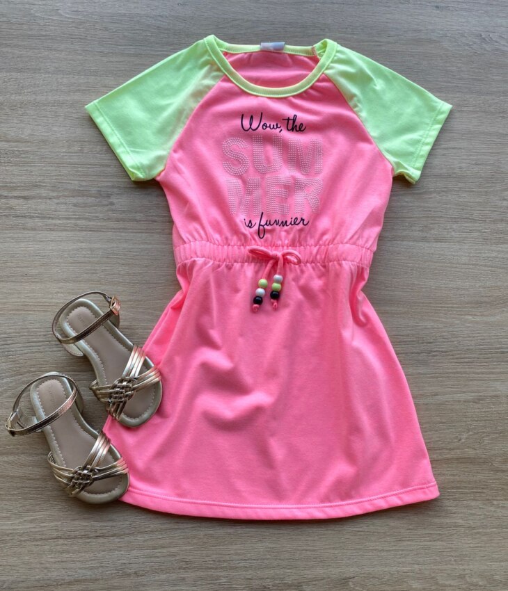 Vestido Infantil Feminino com Amarração Summer Pink Flúor Fernanda Ramos Kids