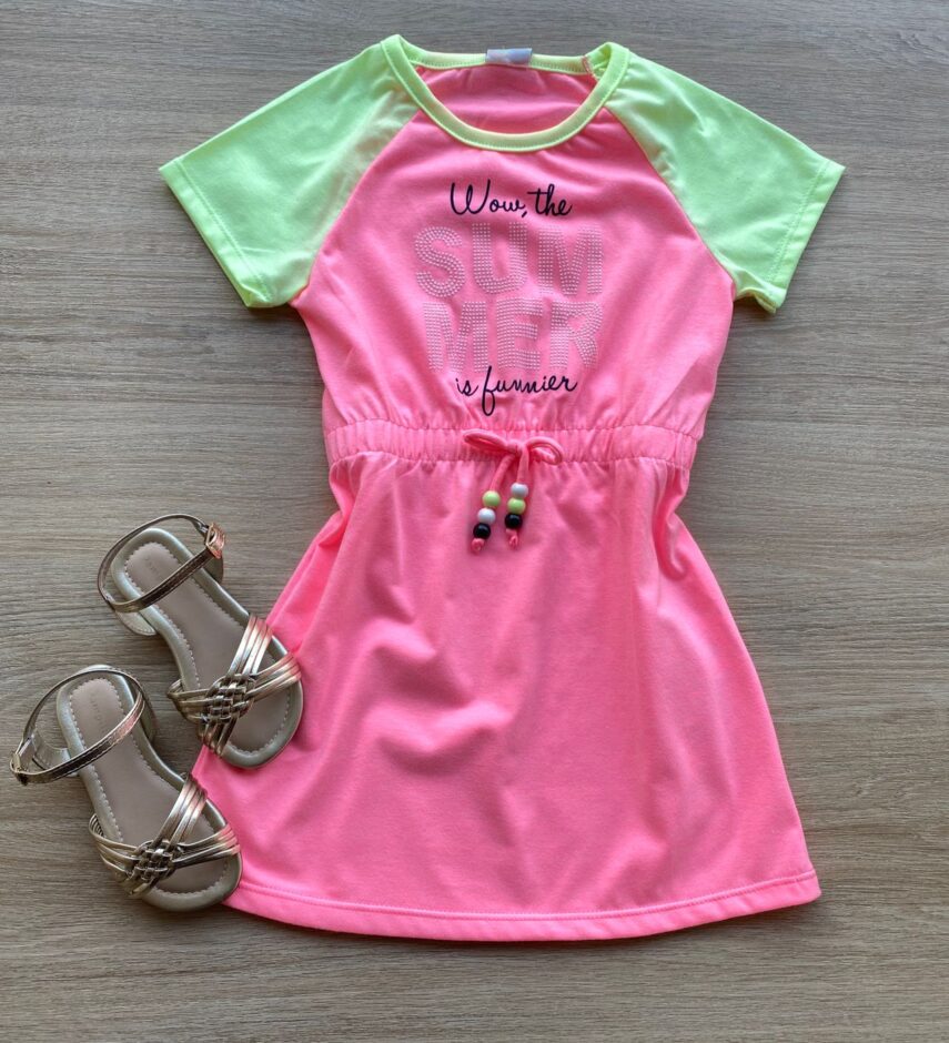 Vestido Infantil Feminino com Amarração Summer Pink Flúor Fernanda Ramos Kids