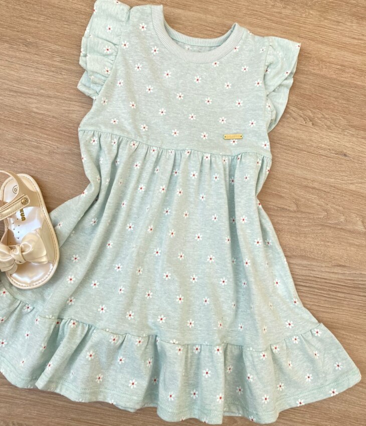 fernandaramoskids com br Vestido Infantil Feminino com Detalhe Floral Verde Água 1