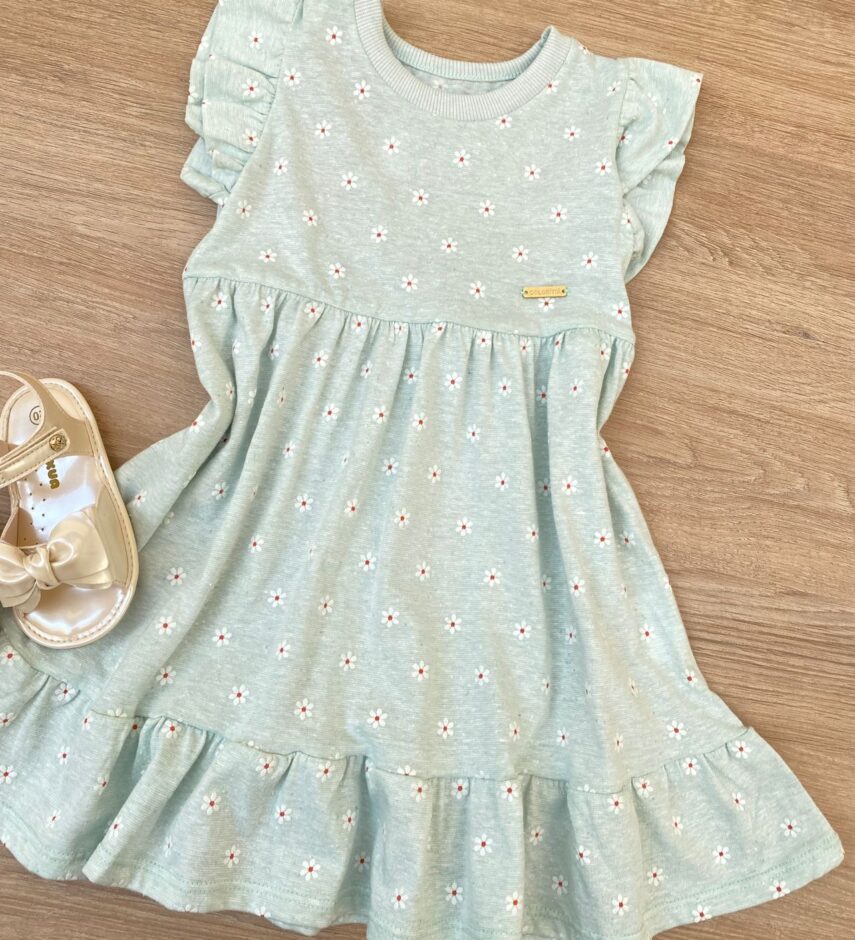 fernandaramoskids com br Vestido Infantil Feminino com Detalhe Floral Verde Água 1