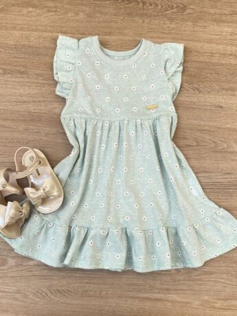 Vestido Infantil Feminino com Detalhe Floral Verde Água Fernanda Ramos Kids