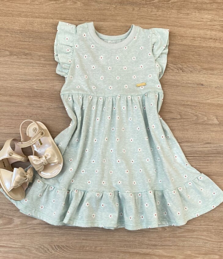 Vestido Infantil Feminino com Detalhe Floral Verde Água Fernanda Ramos Kids