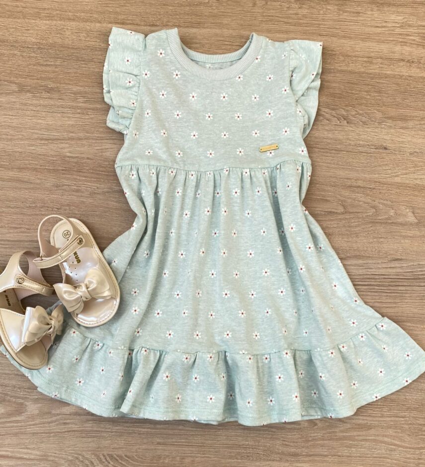 Vestido Infantil Feminino com Detalhe Floral Verde Água Fernanda Ramos Kids
