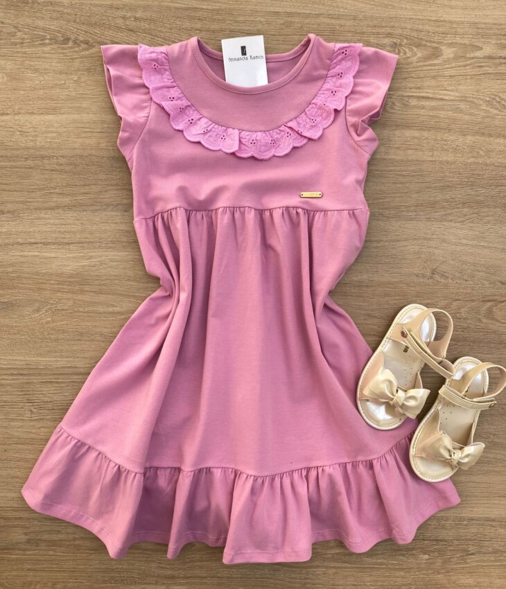 Vestido Infantil Feminino com Detalhe Rosa Fernanda Ramos Kids